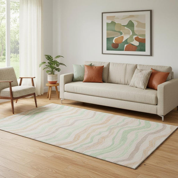 HomeRoots 5' X 8' Striped Washable Area Rug in Peach, Mint Green & Linen – UV Protected for Busy Homes! 694570