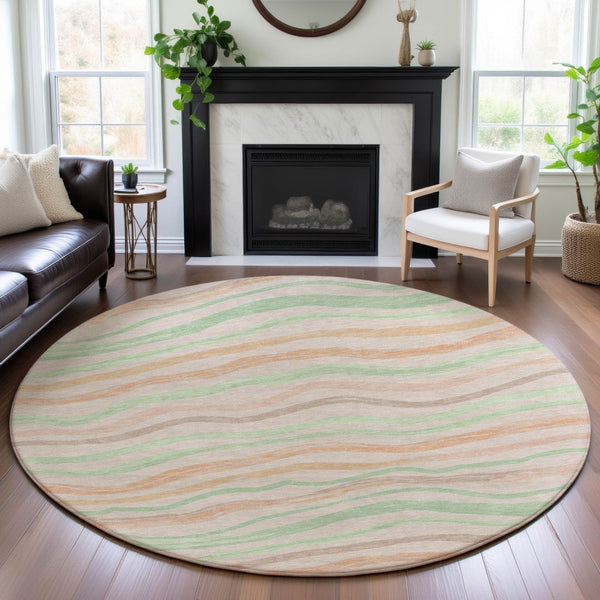 HomeRoots 8' Round Washable Peach Mint Green Striped Rug with UV Protection - Ideal for Homes with Kids & Pets 694571