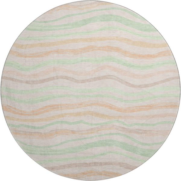 HomeRoots 8' Round Washable Peach Mint Green Striped Rug with UV Protection - Ideal for Homes with Kids & Pets 694571