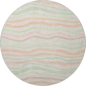 HomeRoots 8' Round Washable Peach Mint Green Striped Rug with UV Protection - Ideal for Homes with Kids & Pets 694571