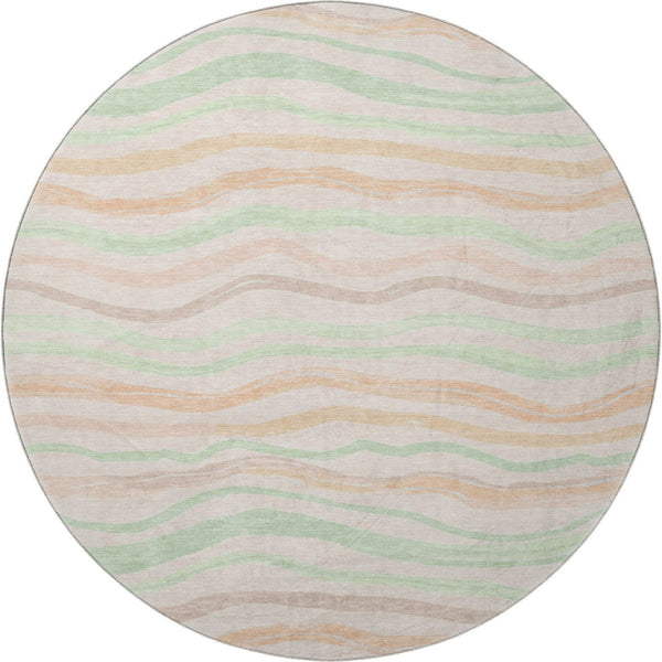 HomeRoots 8' Round Washable Peach Mint Green Striped Rug with UV Protection - Ideal for Homes with Kids & Pets 694571
