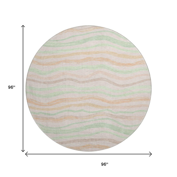 HomeRoots 8' Round Washable Peach Mint Green Striped Rug with UV Protection - Ideal for Homes with Kids & Pets 694571