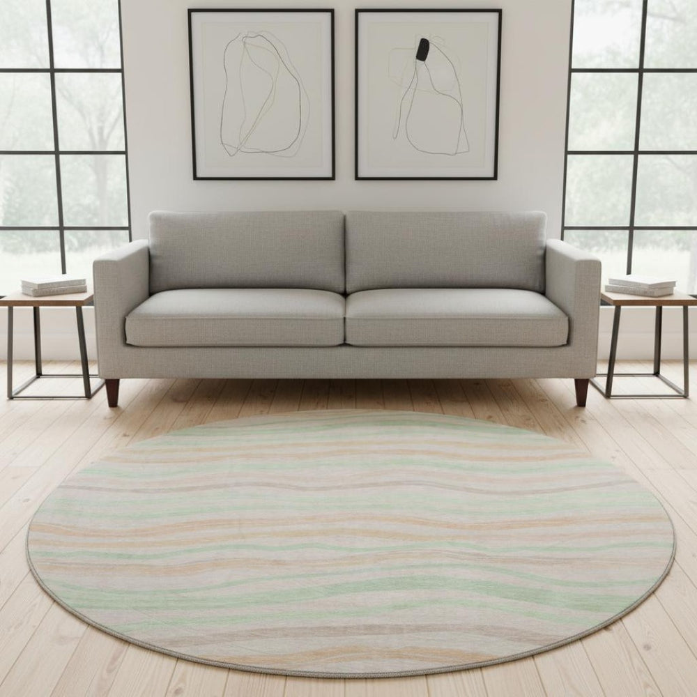 HomeRoots 8' Round Washable Peach Mint Green Striped Rug with UV Protection - Ideal for Homes with Kids & Pets 694571