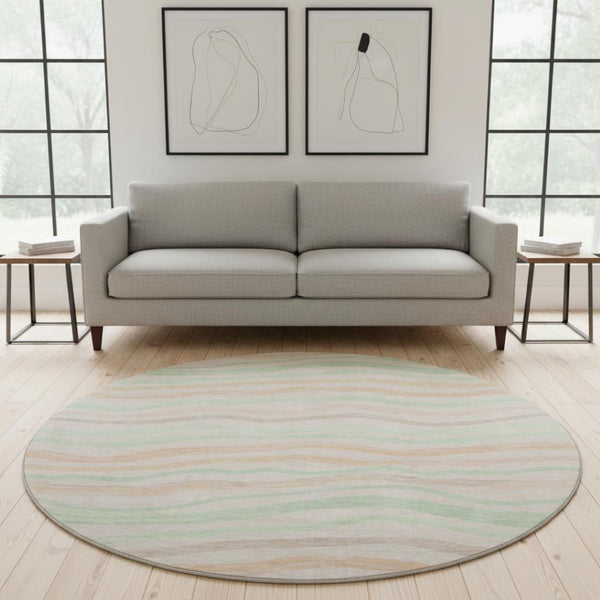 HomeRoots 8' Round Washable Peach Mint Green Striped Rug with UV Protection - Ideal for Homes with Kids & Pets 694571