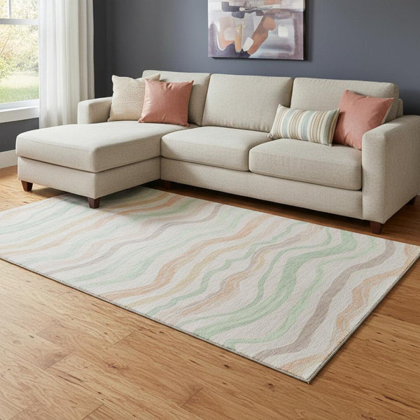 HomeRoots 8' Stylish Peach Mint Green Striped Washable Area Rug with UV Protection for High-Traffic Spaces 694572