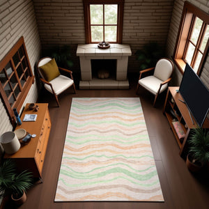 HomeRoots 9' X 12' Stylish Peach Mint Green Striped Area Rug - Washable, UV Protected, Perfect for High-Traffic Spaces 694573