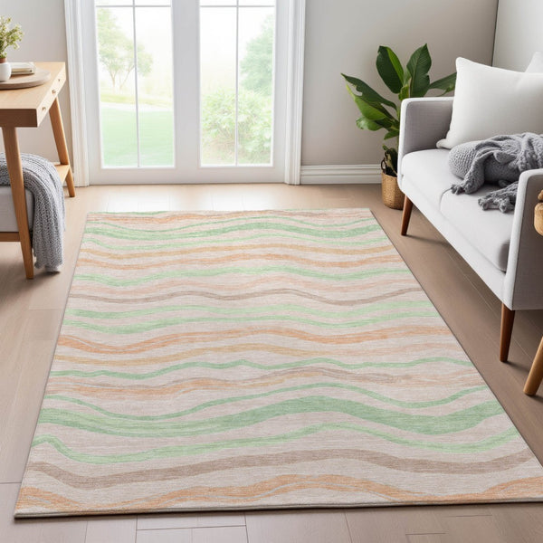 HomeRoots 9' X 12' Stylish Peach Mint Green Striped Area Rug - Washable, UV Protected, Perfect for High-Traffic Spaces 694573