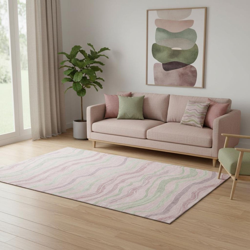 HomeRoots 5' X 8' Washable Pink Ivory & Mint Green Striped Area Rug – Durable, UV-Protected, Non-Slip Design! 694576