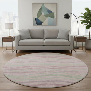 HomeRoots 8' X 8' Washable Round Rug in Pink, Ivory & Mint Green Stripes - UV Protected, Non-Slip, Durable Design! 694577