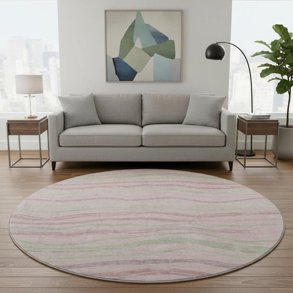 HomeRoots 8' X 8' Washable Round Rug in Pink, Ivory & Mint Green Stripes - UV Protected, Non-Slip, Durable Design! 694577