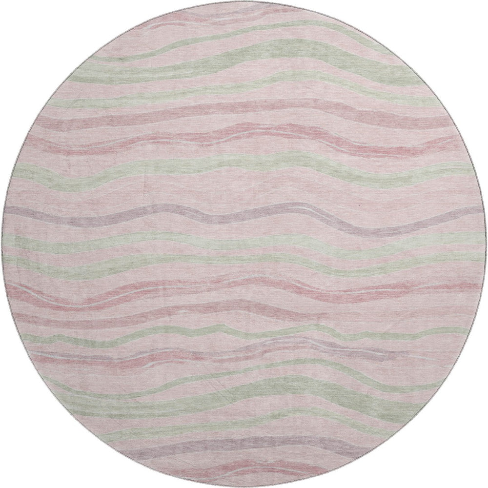 HomeRoots 8' X 8' Washable Round Rug in Pink, Ivory & Mint Green Stripes - UV Protected, Non-Slip, Durable Design! 694577