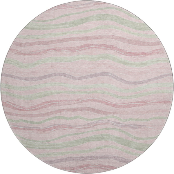 HomeRoots 8' X 8' Washable Round Rug in Pink, Ivory & Mint Green Stripes - UV Protected, Non-Slip, Durable Design! 694577