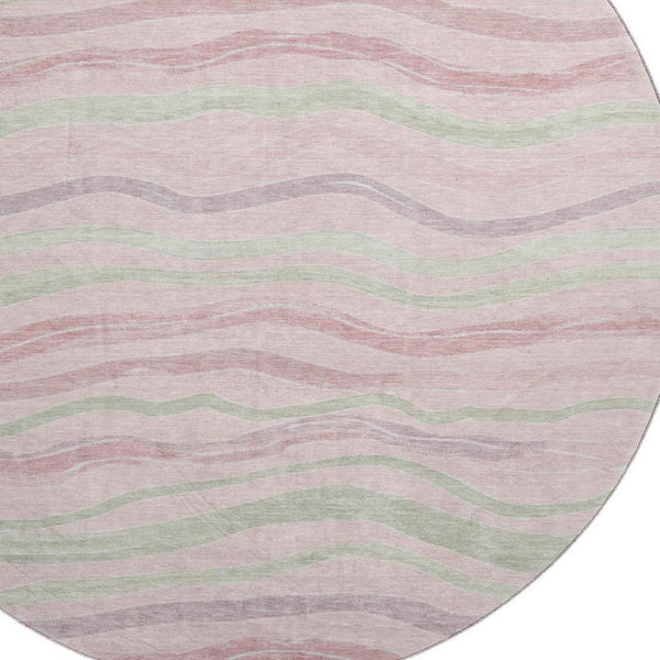 HomeRoots 8' X 8' Washable Round Rug in Pink, Ivory & Mint Green Stripes - UV Protected, Non-Slip, Durable Design! 694577