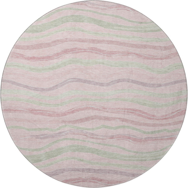 HomeRoots 8' X 8' Washable Round Rug in Pink, Ivory & Mint Green Stripes - UV Protected, Non-Slip, Durable Design! 694577