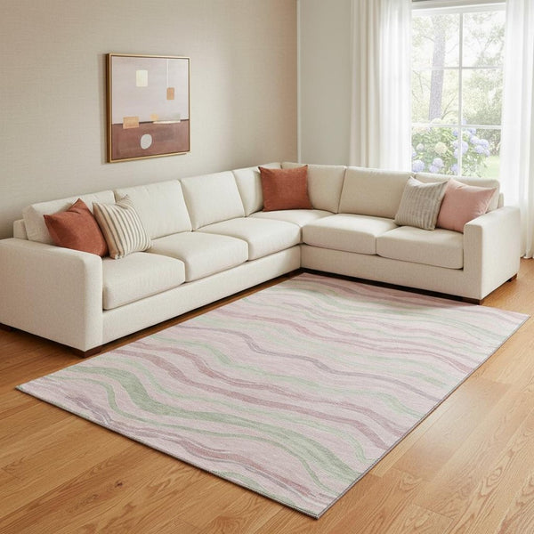 HomeRoots 8' Stylish Striped Washable Area Rug in Pink, Ivory & Mint Green - UV-Protected & Stain Resistant 694578