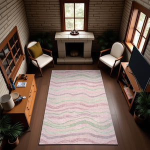 HomeRoots 8' Stylish Striped Washable Area Rug in Pink, Ivory & Mint Green - UV-Protected & Stain Resistant 694578