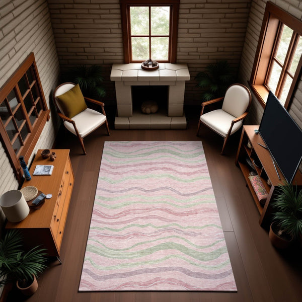HomeRoots 8' Stylish Striped Washable Area Rug in Pink, Ivory & Mint Green - UV-Protected & Stain Resistant 694578