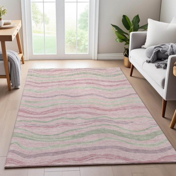 HomeRoots 8' Stylish Striped Washable Area Rug in Pink, Ivory & Mint Green - UV-Protected & Stain Resistant 694578