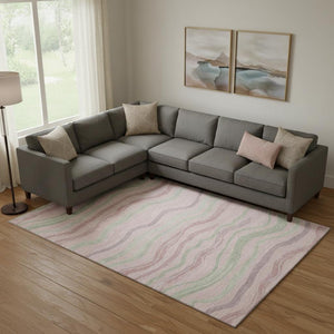 HomeRoots 9' X 12' Striped Washable Area Rug in Pink, Ivory & Mint Green – Durable, UV-Protected, Non-Slip Design 694579