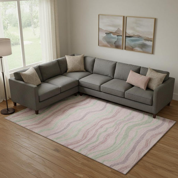 HomeRoots 9' X 12' Striped Washable Area Rug in Pink, Ivory & Mint Green – Durable, UV-Protected, Non-Slip Design 694579