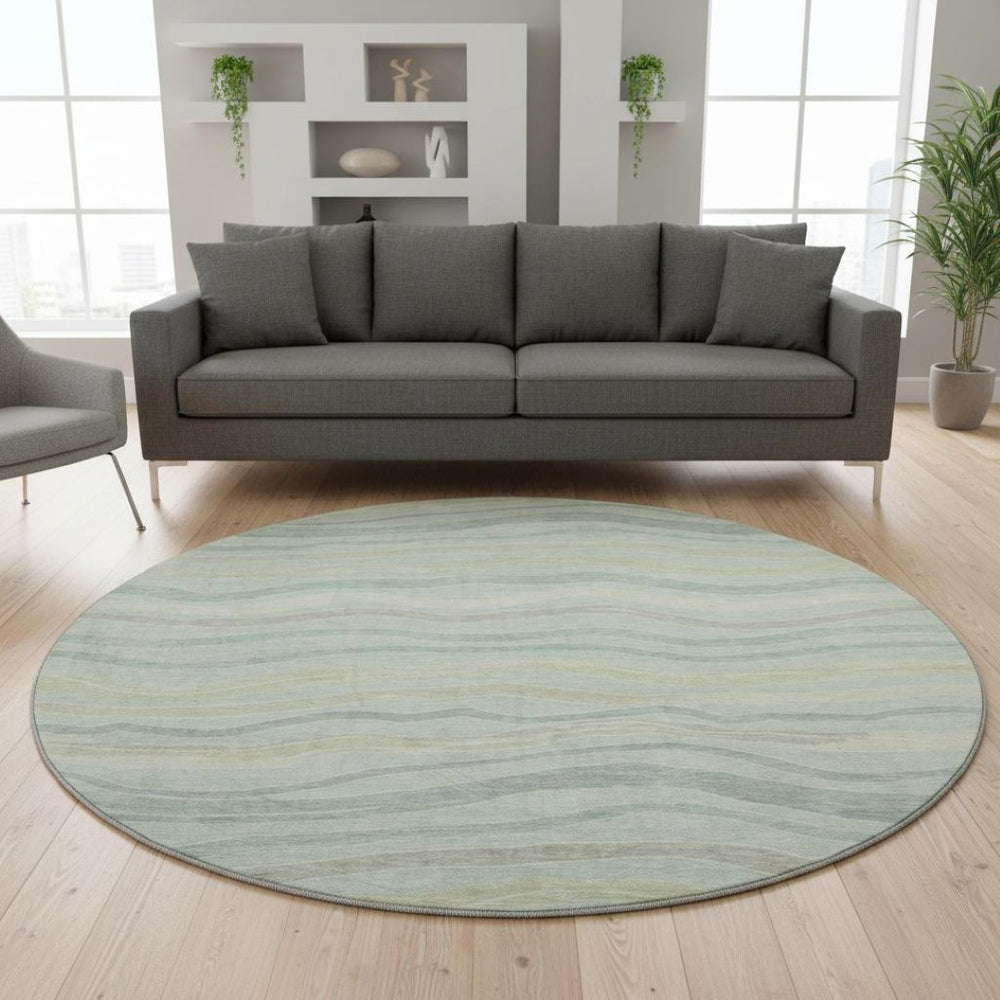 HomeRoots 8' Round Sage Taupe & Ivory Striped Washable Rug with UV Protection - Perfect for Busy Homes! 694583