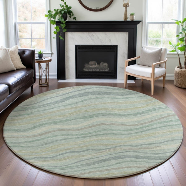 HomeRoots 8' Round Sage Taupe & Ivory Striped Washable Rug with UV Protection - Perfect for Busy Homes! 694583