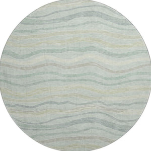 HomeRoots 8' Round Sage Taupe & Ivory Striped Washable Rug with UV Protection - Perfect for Busy Homes! 694583