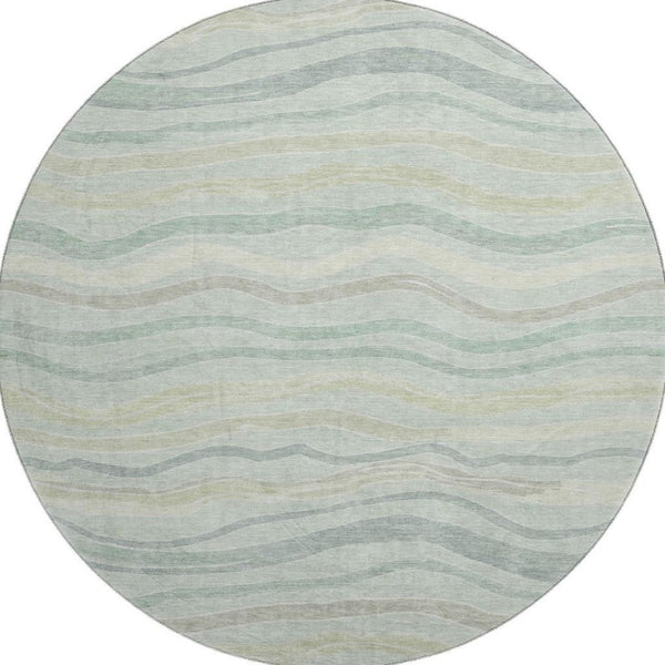 HomeRoots 8' Round Sage Taupe & Ivory Striped Washable Rug with UV Protection - Perfect for Busy Homes! 694583