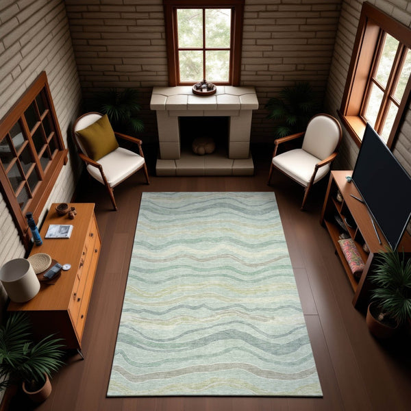 HomeRoots 9' X 12' Sage Taupe Striped Area Rug - Washable, Stain Resistant, UV Protected for Busy Homes 694585