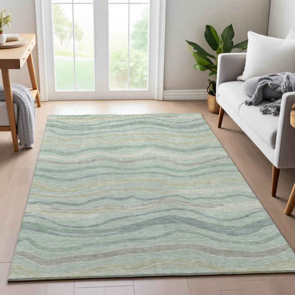 HomeRoots 9' X 12' Sage Taupe Striped Area Rug - Washable, Stain Resistant, UV Protected for Busy Homes 694585