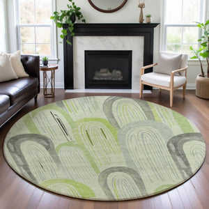 HomeRoots 8' Modern Artichoke Green Geometric Round Rug – Washable, Durable, UV Protected for High-Traffic Areas 694589