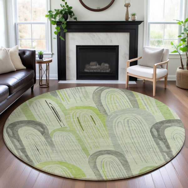 HomeRoots 8' Modern Artichoke Green Geometric Round Rug – Washable, Durable, UV Protected for High-Traffic Areas 694589