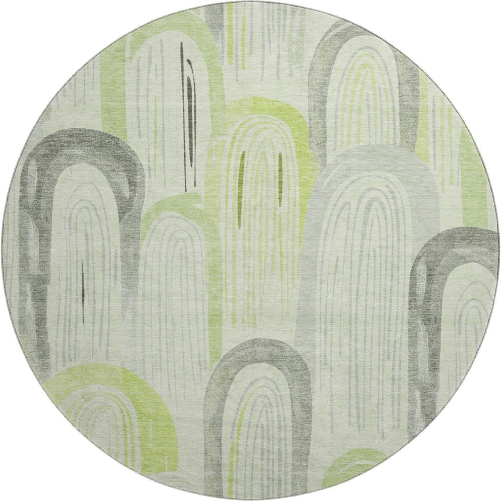 HomeRoots 8' Modern Artichoke Green Geometric Round Rug – Washable, Durable, UV Protected for High-Traffic Areas 694589