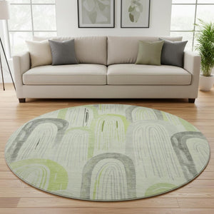 HomeRoots 8' Modern Artichoke Green Geometric Round Rug – Washable, Durable, UV Protected for High-Traffic Areas 694589