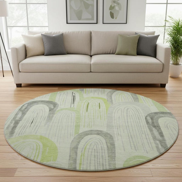HomeRoots 8' Modern Artichoke Green Geometric Round Rug – Washable, Durable, UV Protected for High-Traffic Areas 694589