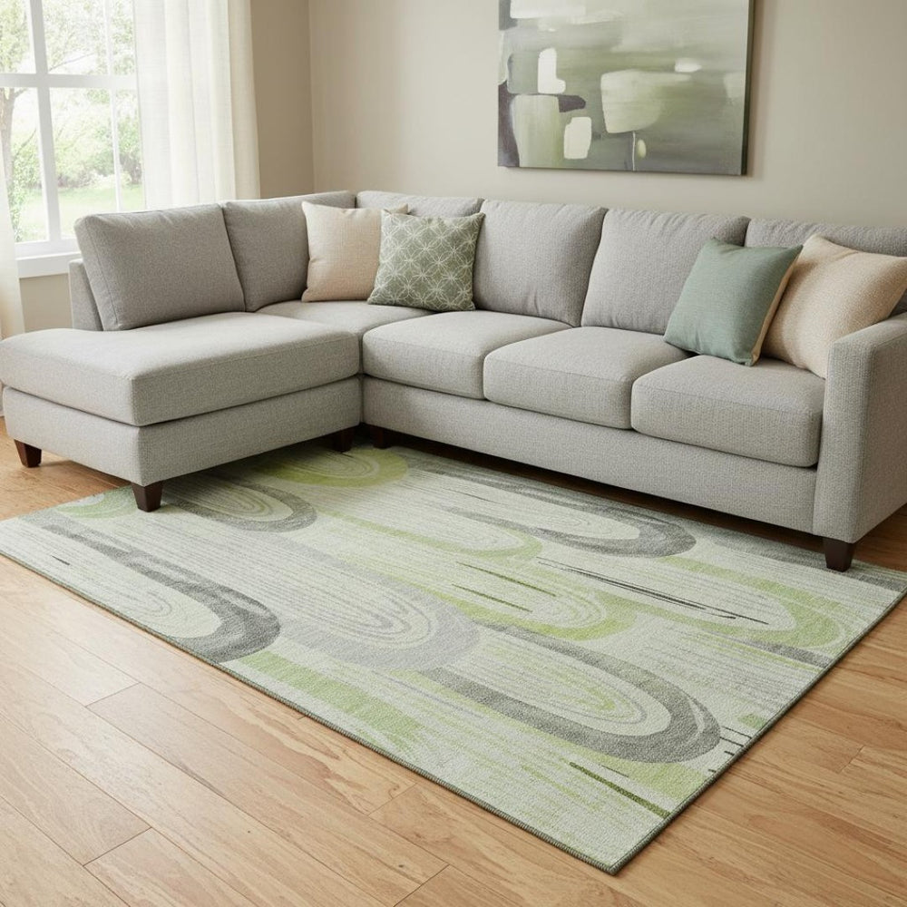 HomeRoots 8' Stylish Artichoke Green, Gray & Silver Geometric Washable Area Rug with UV Protection & Durability 694590