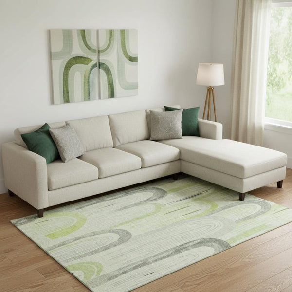 HomeRoots 9' X 12' Artichoke Green Geometric Area Rug - Stylish, Washable, UV-Protected for High-Traffic Areas 694591