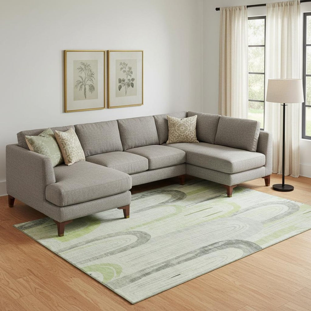 HomeRoots 10' Artichoke Green Gray & Silver Geometric Area Rug - Washable, UV Protected, Non-Slip Backing 694592