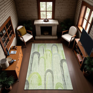 HomeRoots 10' Artichoke Green Gray & Silver Geometric Area Rug - Washable, UV Protected, Non-Slip Backing 694592