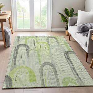 HomeRoots 10' Artichoke Green Gray & Silver Geometric Area Rug - Washable, UV Protected, Non-Slip Backing 694592
