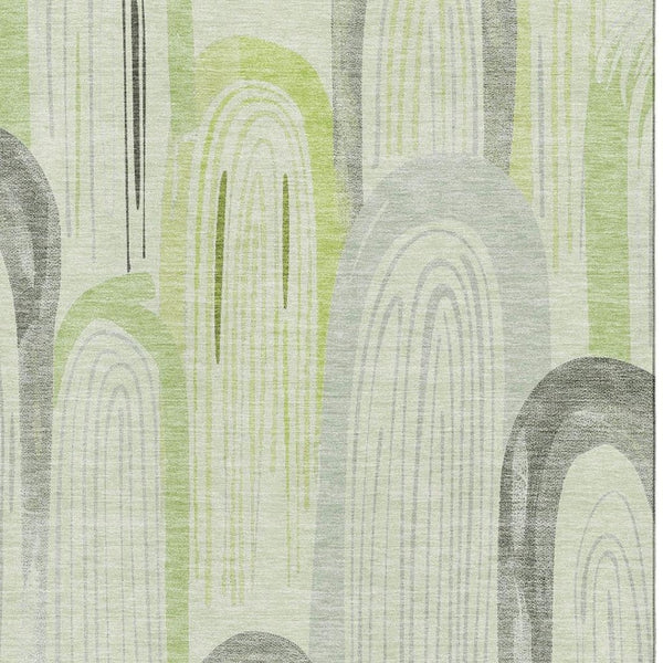 HomeRoots 10' Artichoke Green Gray & Silver Geometric Area Rug - Washable, UV Protected, Non-Slip Backing 694592
