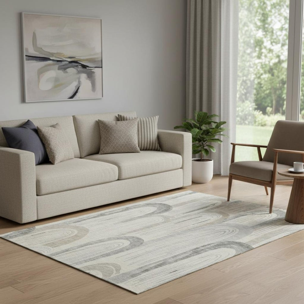 HomeRoots 5' X 8' Modern Geometric Washable Area Rug in Beige, Gray & Silver - Stain Resistant & UV Protected 694594