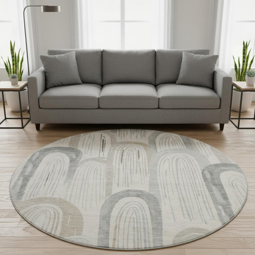HomeRoots 8' X 8' Washable Round Rug in Beige, Gray & Silver - UV Resistant, Non-Slip, Stylish & Durable Design 694595