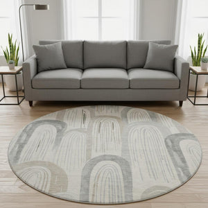 HomeRoots 8' X 8' Washable Round Rug in Beige, Gray & Silver - UV Resistant, Non-Slip, Stylish & Durable Design 694595