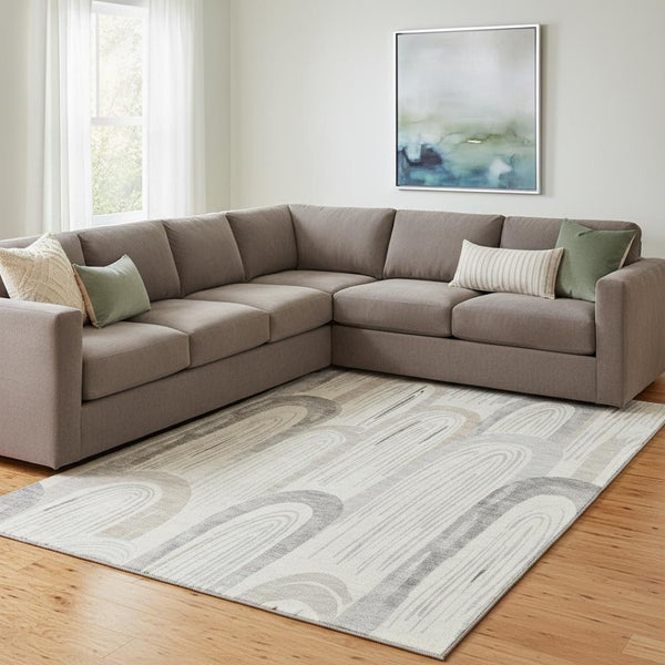 HomeRoots 8' Stylish Beige Gray Silver Geometric Area Rug – Washable, UV Protected & Family-Friendly Design! 694596