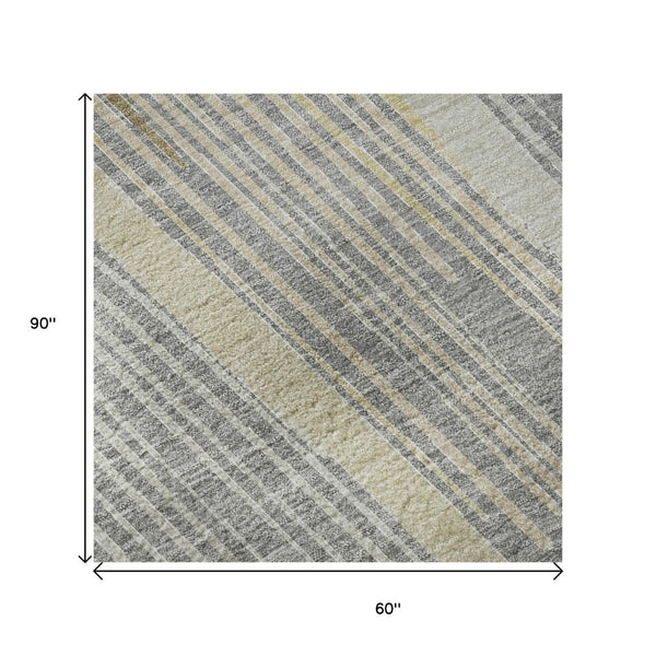 HomeRoots 5' X 8' Stylish Gray Gold Silver Geometric Area Rug – Washable, UV-Protected for Busy Homes! 694600