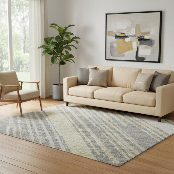 HomeRoots 5' X 8' Stylish Gray Gold Silver Geometric Area Rug – Washable, UV-Protected for Busy Homes! 694600