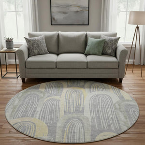 HomeRoots 8' Gray Gold Silver Geometric Washable Round Rug - UV Protected, Durable, Stylish & Easy-Clean Design 694601