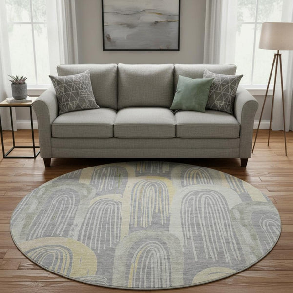 HomeRoots 8' Gray Gold Silver Geometric Washable Round Rug - UV Protected, Durable, Stylish & Easy-Clean Design 694601