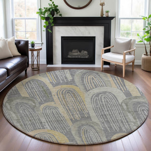 HomeRoots 8' Gray Gold Silver Geometric Washable Round Rug - UV Protected, Durable, Stylish & Easy-Clean Design 694601
